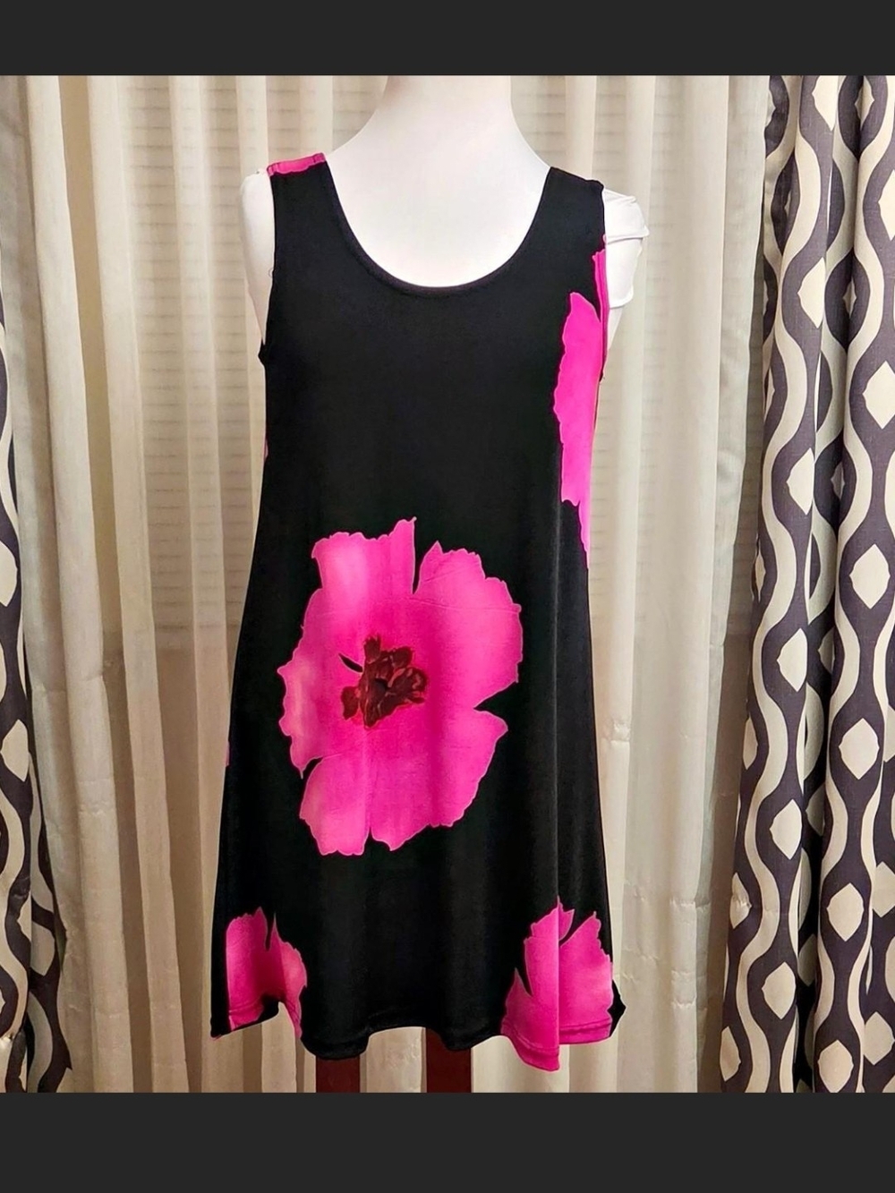 Black Midi Dress with Bold Pink Floral Print